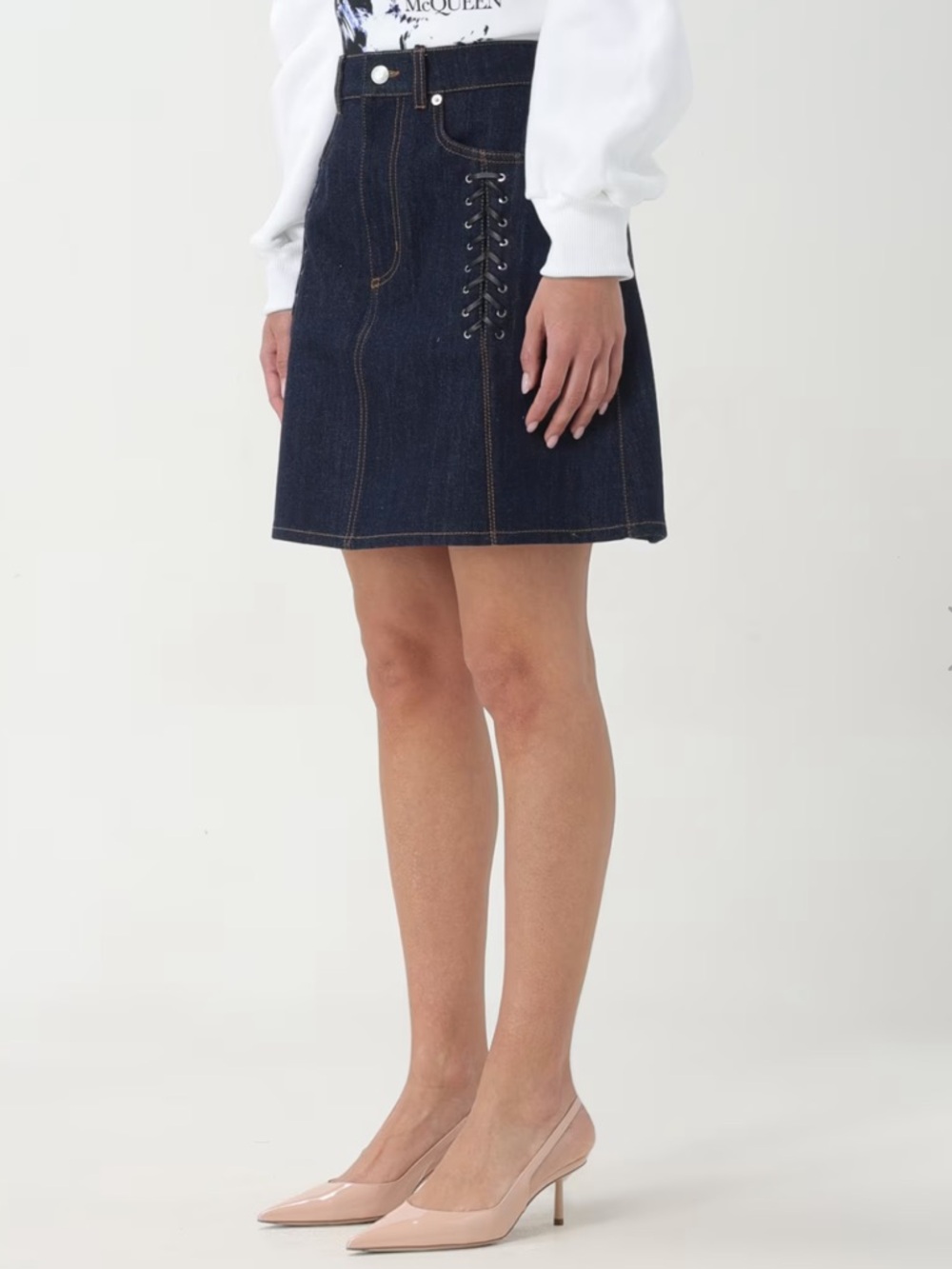 Alexander McQueen Navy Denim Lace-Up Mini Skirt